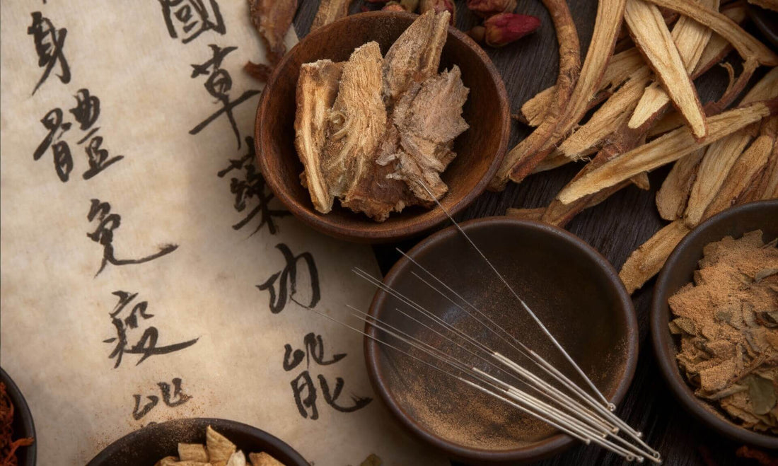 TCM inspired picture with herbs, letters and needles