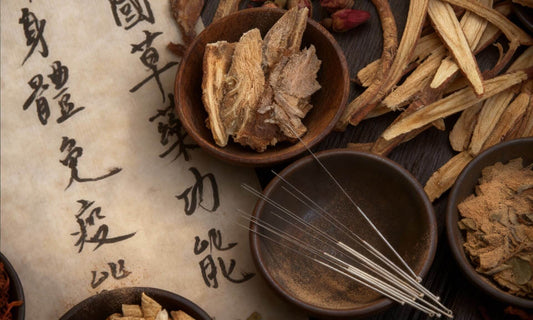 TCM inspired picture with herbs, letters and needles