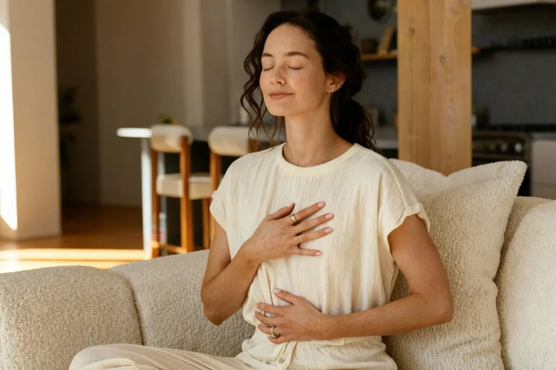 Woman sitting peacefully and focusing on her breath