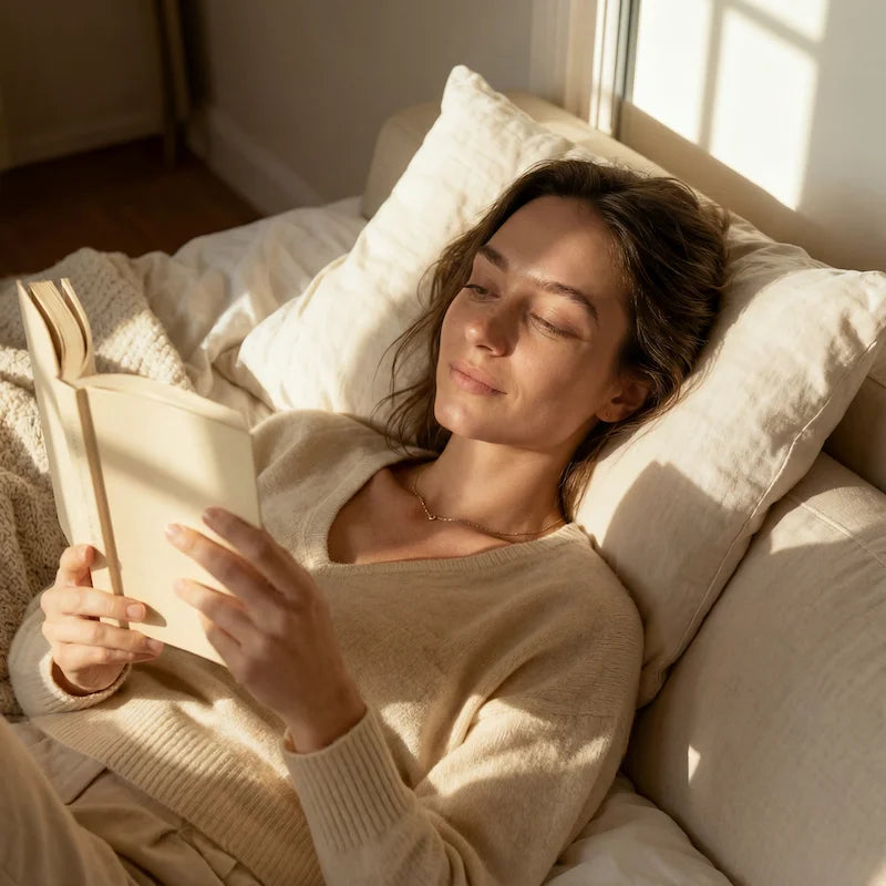 Frau liegt auf Sofa und liest Buch, lächelnd, warmes Sonnenlicht