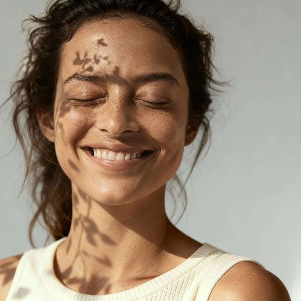 A model with her eyes closed and a smile on her face, enjoying the sunshine.