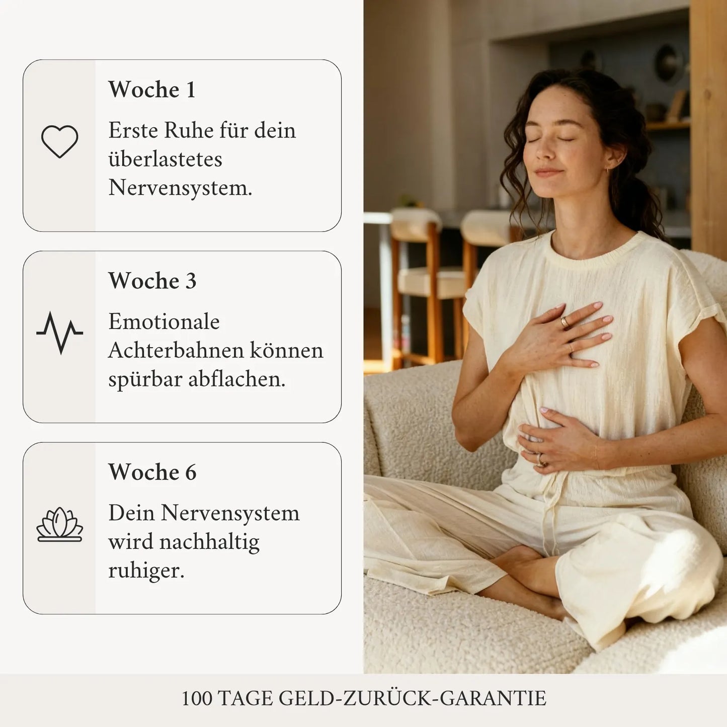 Frau meditiert – Vivita Healing Gold Ear Seeds für Nervensystem-Ruhe in 6 Wochen