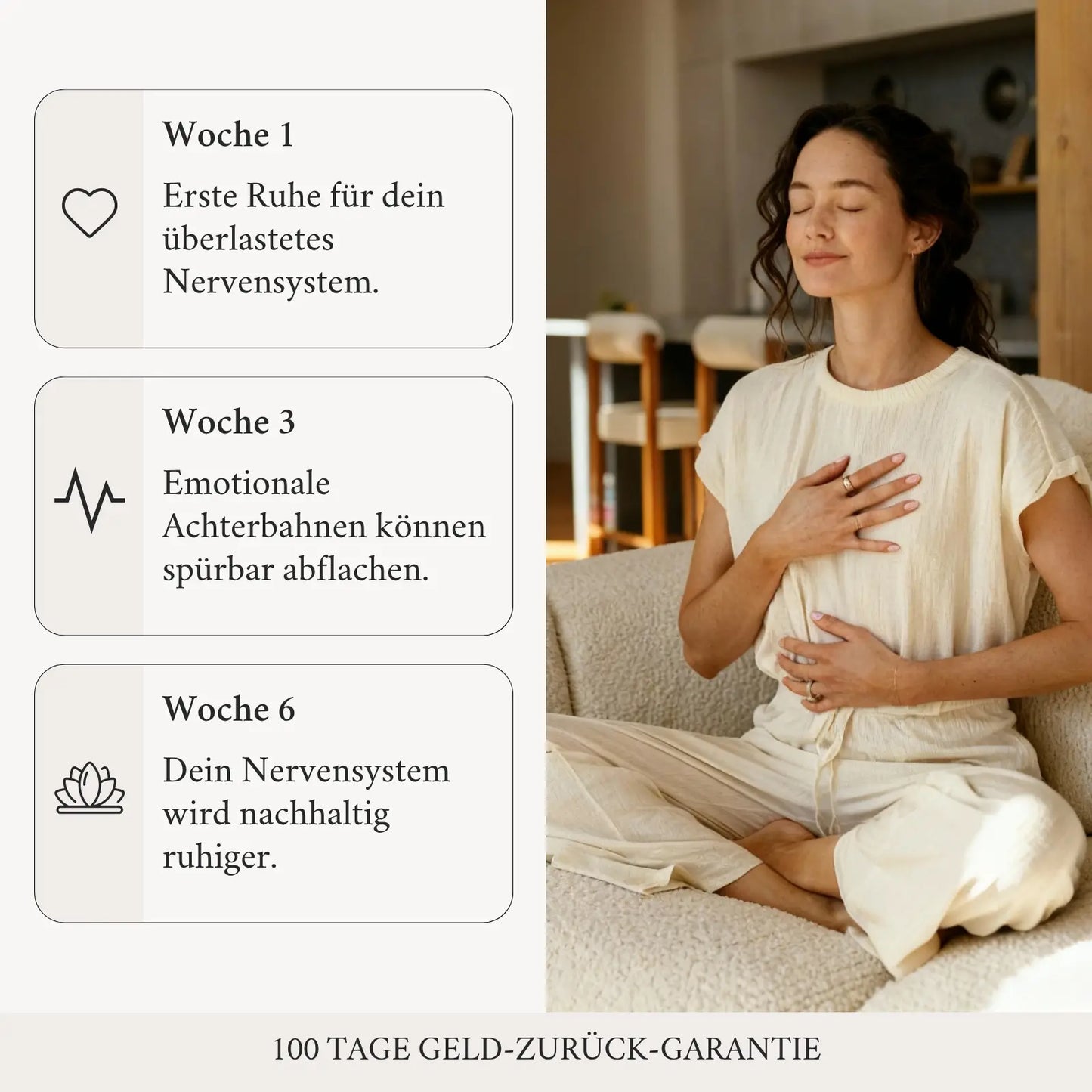 Frau meditiert – Vivita Healing Gold Ear Seeds für Nervensystem-Ruhe in 6 Wochen