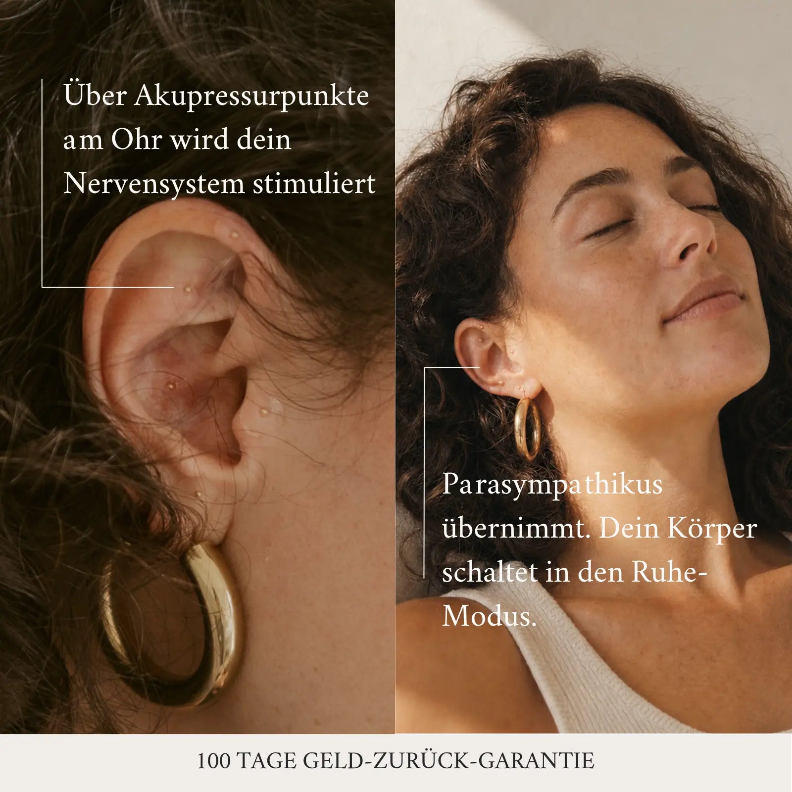 Nahaufnahme Ohr mit Gold Ear Seeds und Akupressurpunkten – Parasympathikus aktivieren mit Vivita Healing