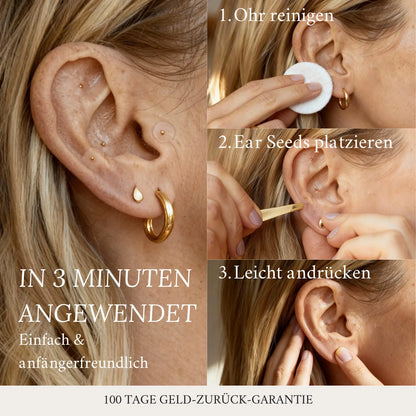 3-Schritte Anleitung Gold Ear Seeds kleben – Ohr reinigen, platzieren, andrücken