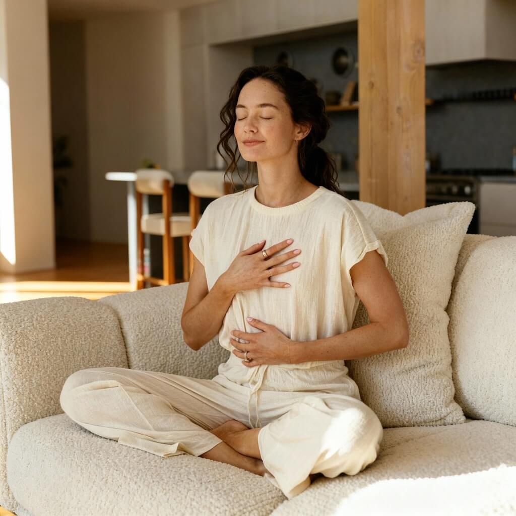 A woman sits on a couch, enjoying a moment of connection with herself.