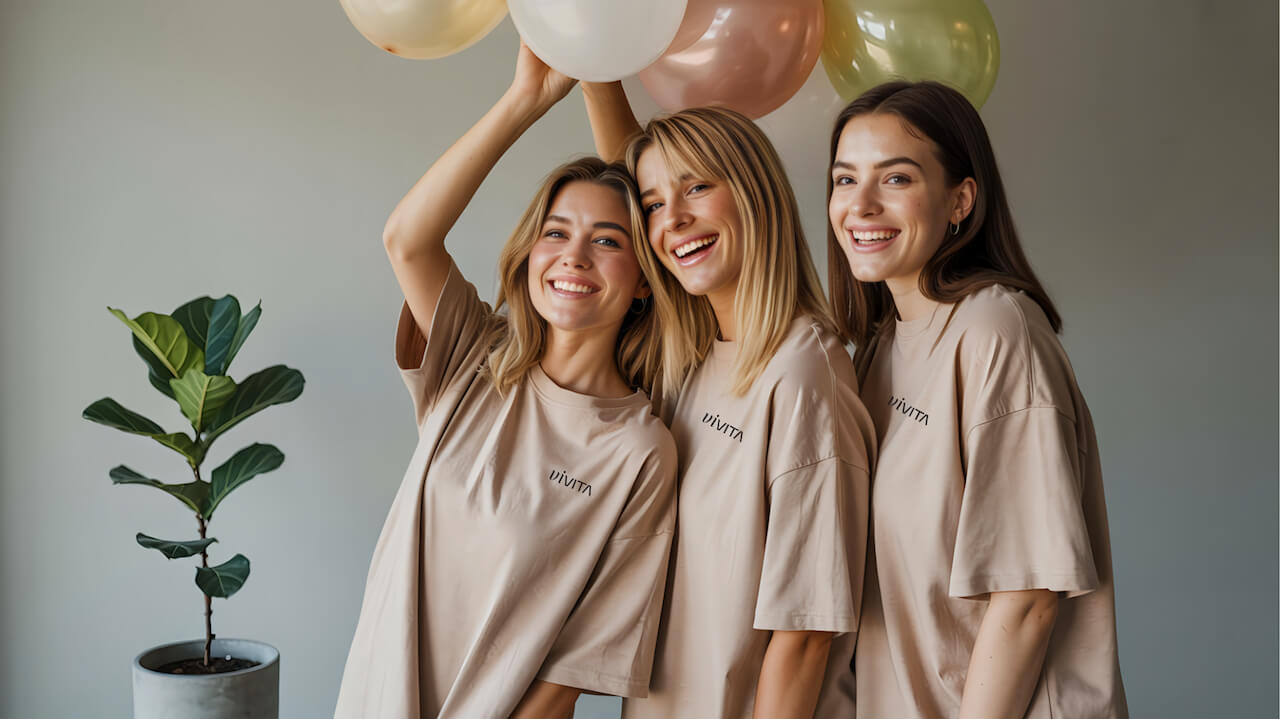 Vivita models holding balloons.